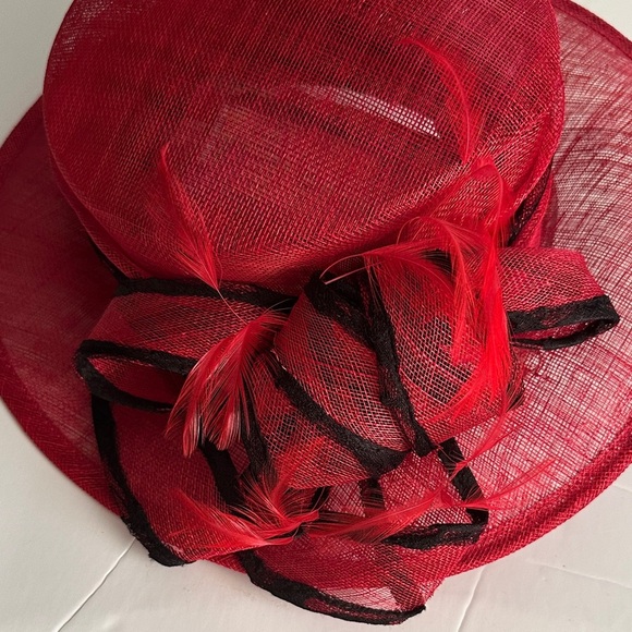 Angela & William Red Church Wedding Hat w Front Bow Feather main image 5